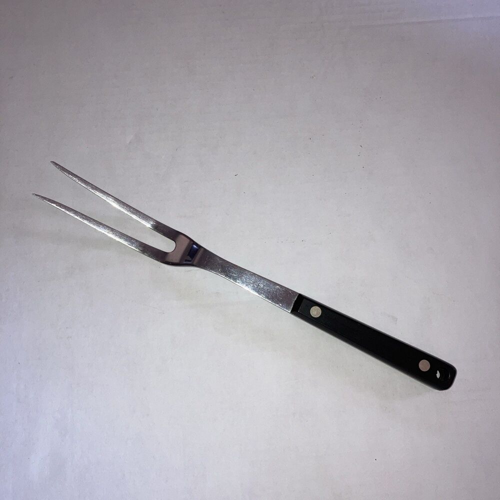 Vintage Flint Stainless Steel Carving Fork USA Black Handle Kitchen Utensil 11”